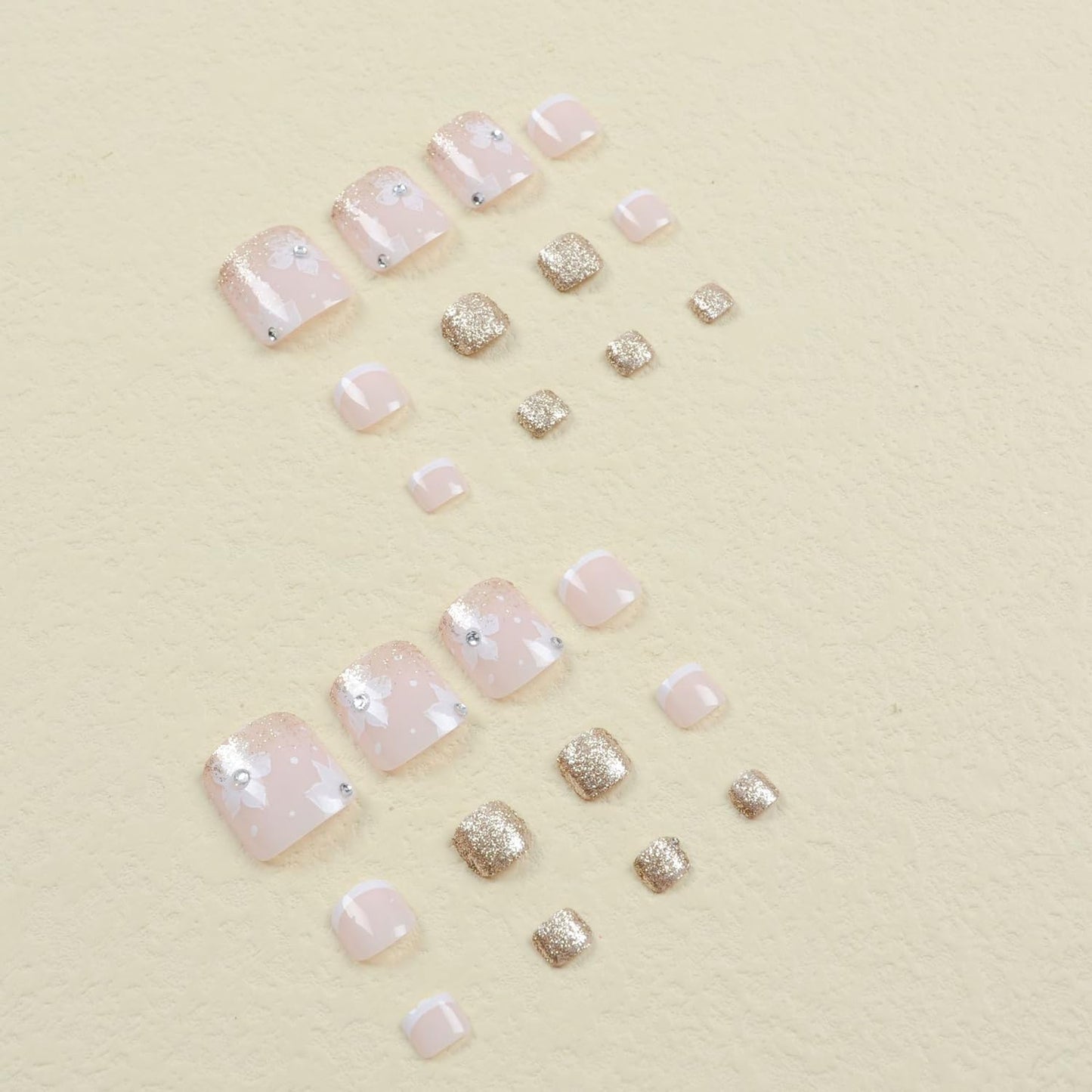 24Pcs Flower Press On Toe Nails for Women French Tip With Gold Glitter Rhinestones Designs Glossy Fashion False Full Cover Acrylic Nails Art DIY Foot Design Tips