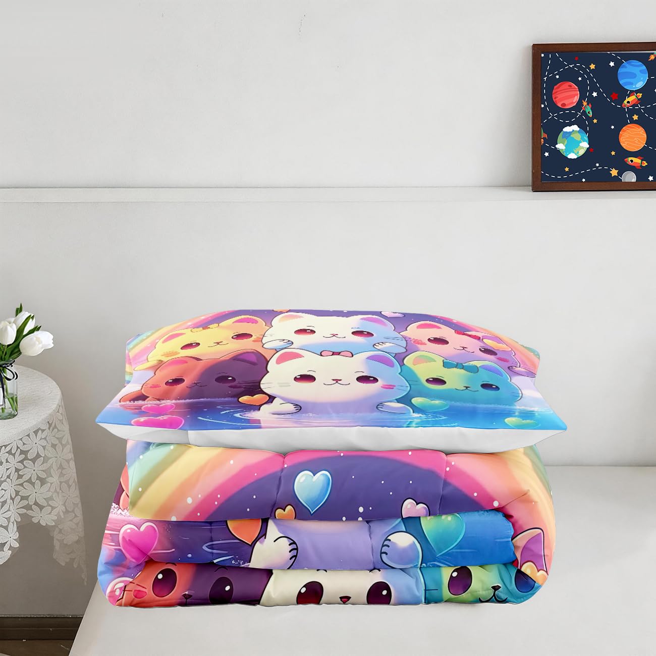 Jiospet Rainbow Cat Comforter Twin Size - Cat Bedding for Girls Room Cute Cartoon Rainbow Bedding Twin Sets for Kids, 1 Comforter+1 Pillowcase