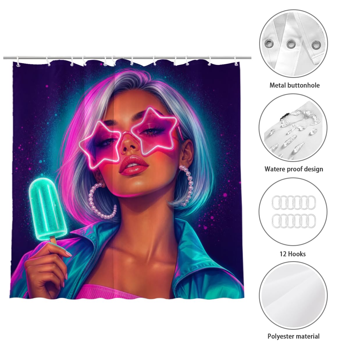 TopPacific Star Sunglasses Woman Shower Curtain 72x72 Inch Shower Curtain with 12 Hooks Polyester Woman Star Sunglasses Popsicle Purple Neon Background Bathroom Decor