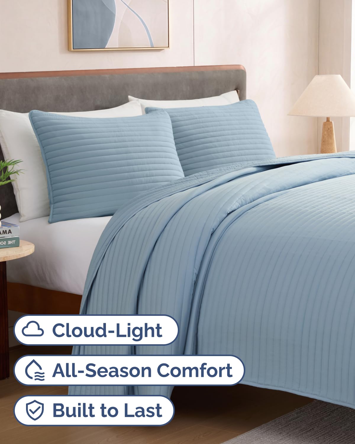 Quilts Queen Size - Dusty Blue Bedspread Queen Size with Stripe Stitch Pattern - Lightweight Bedspread for All Seasons - Soft, Breathable Comfy Summer Quilted Coverlet w/ 2 Pillow Shams - 90" x 96"