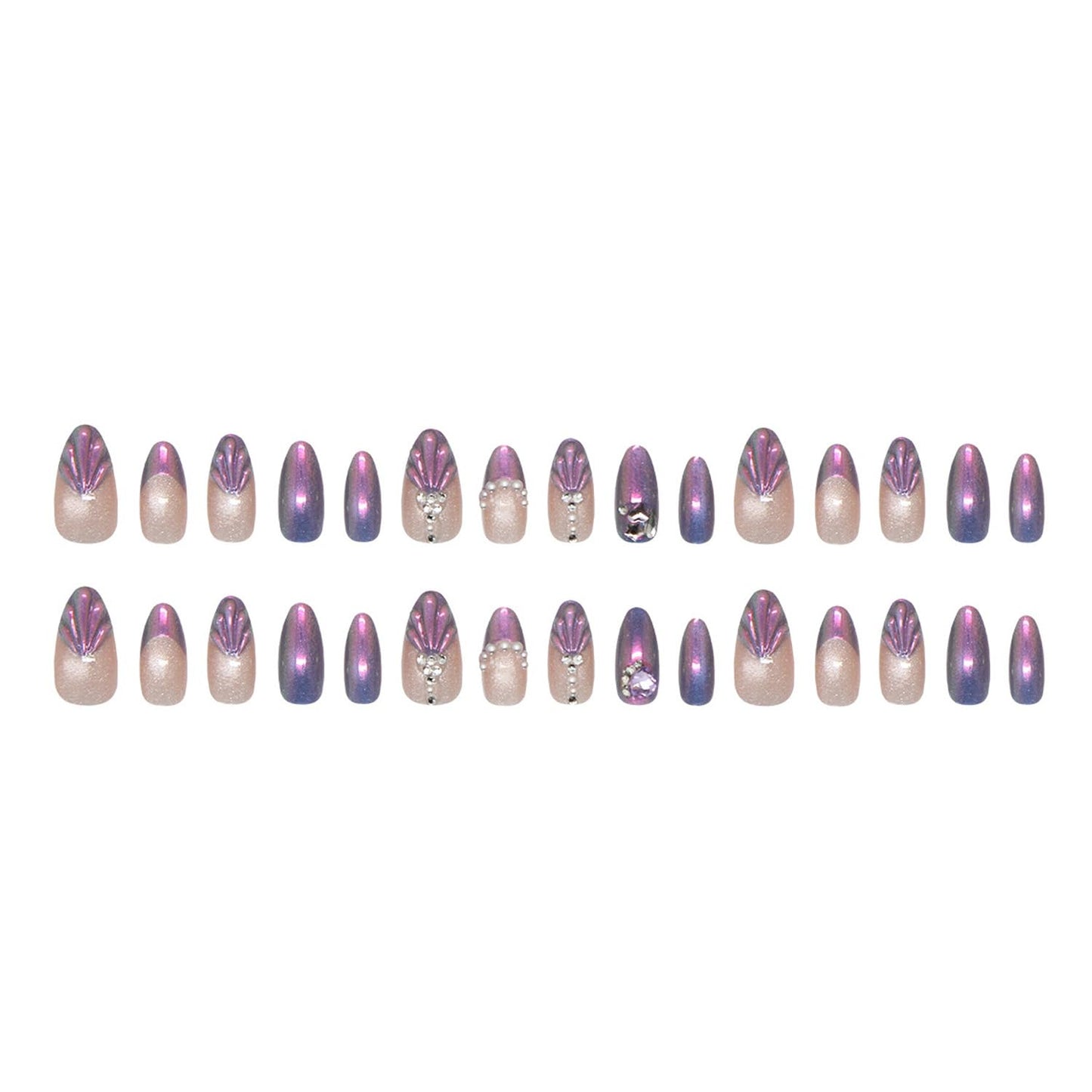 Purple Pink Mermaid Press on Nails, Medium Almond Fake Nails with 3D Shell Pearl Rhinestone Designs, Aurora Glitter False Nails for Women Wedding Party 24Pcs Nail Kit for Women French Tip Manicure