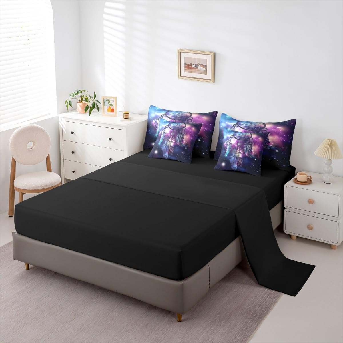 Erosebridal Dream Catcher Full Comforter Set, Nebula 7-Piece Bed in A Bag, Purple Feather Sheets and Pillowcases, Galaxy Starry Sky Bed Sets