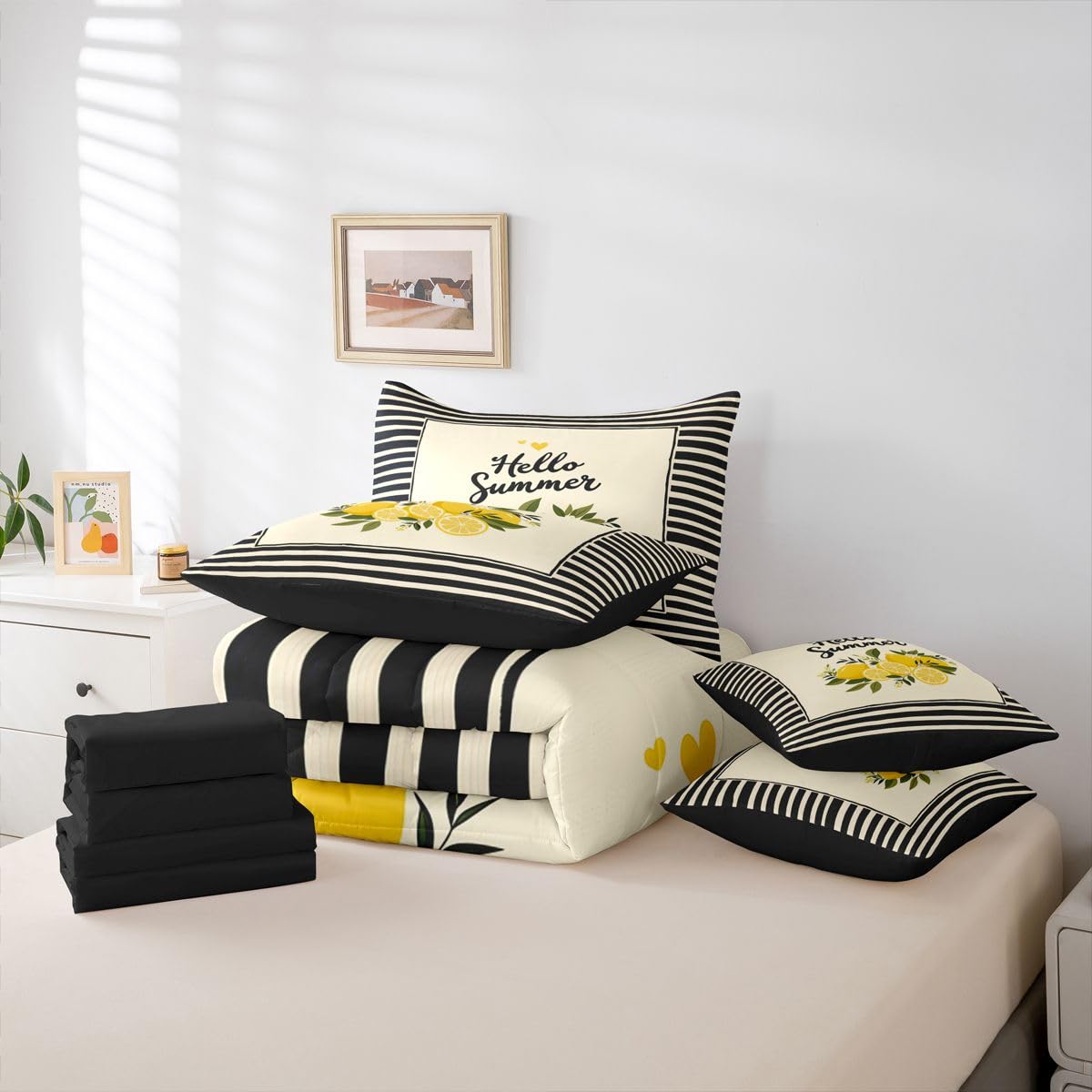 Erosebridal Hello Summer Queen Bedding Set Trendy Geometric Stripes Comforter Set with Flat and Fitted Sheet Kids Adults Refreshing Lemon 7-Piece Bed in a Bag Yellow Black Fruit Art Quilt Sets