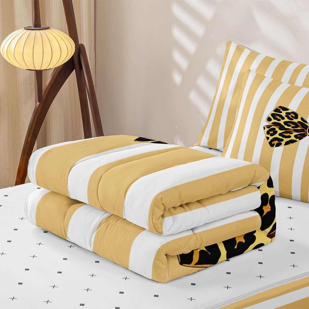 jejeloiu Girls Bow Comforter Set Twin Size Zipper Bedding Set for Girls Boys Brown Leopard Bowknot Comforter with Fitted Sheet, Pillowcases Yellow White Stripes Zipper Bedding Soft Bed in a Bag