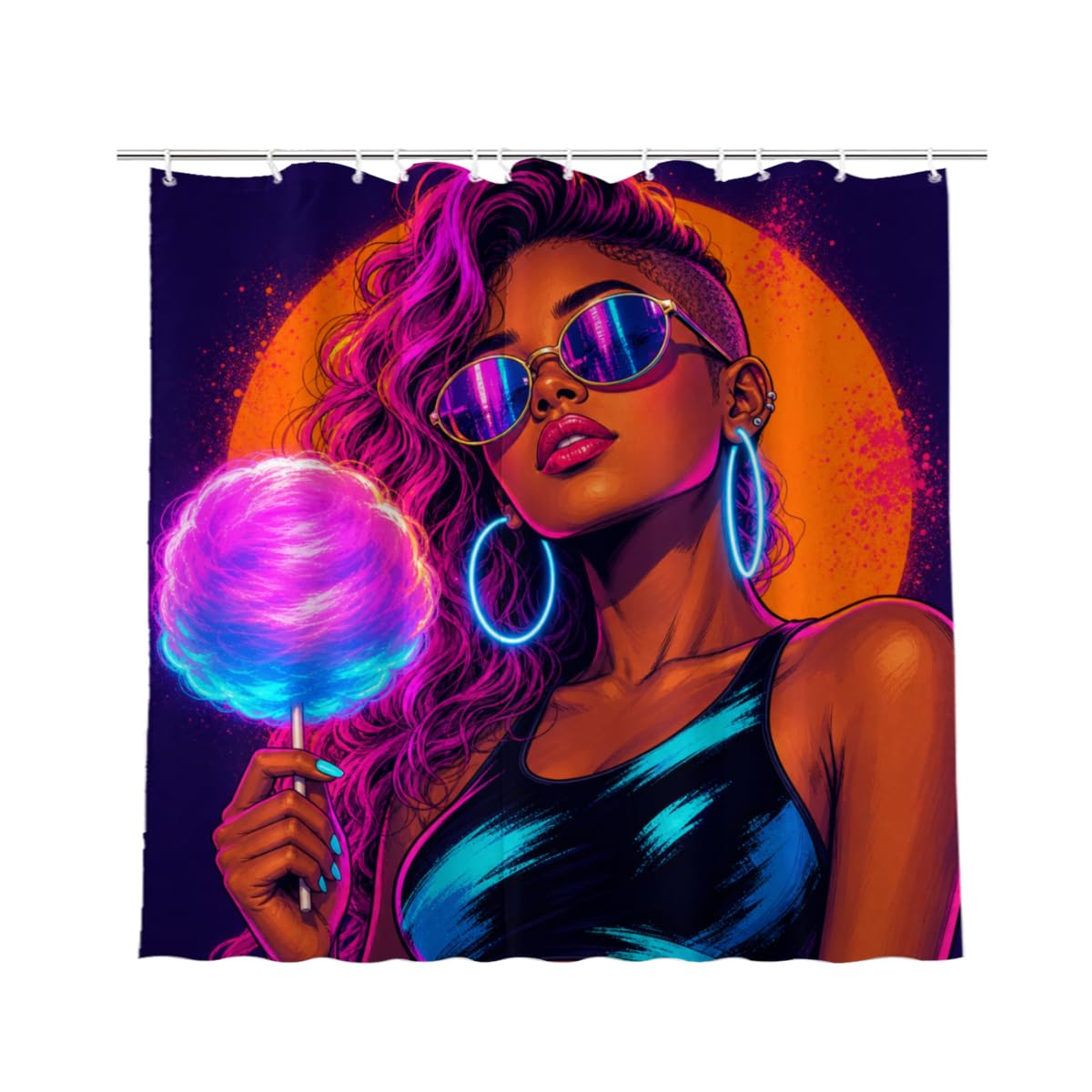 TopPacific Cotton Candy Woman Shower Curtain 72x72 Inch Shower Curtain with 12 Hooks Polyester Woman Sunglasses Cotton Candy Neon Circle Background Bathroom Decor
