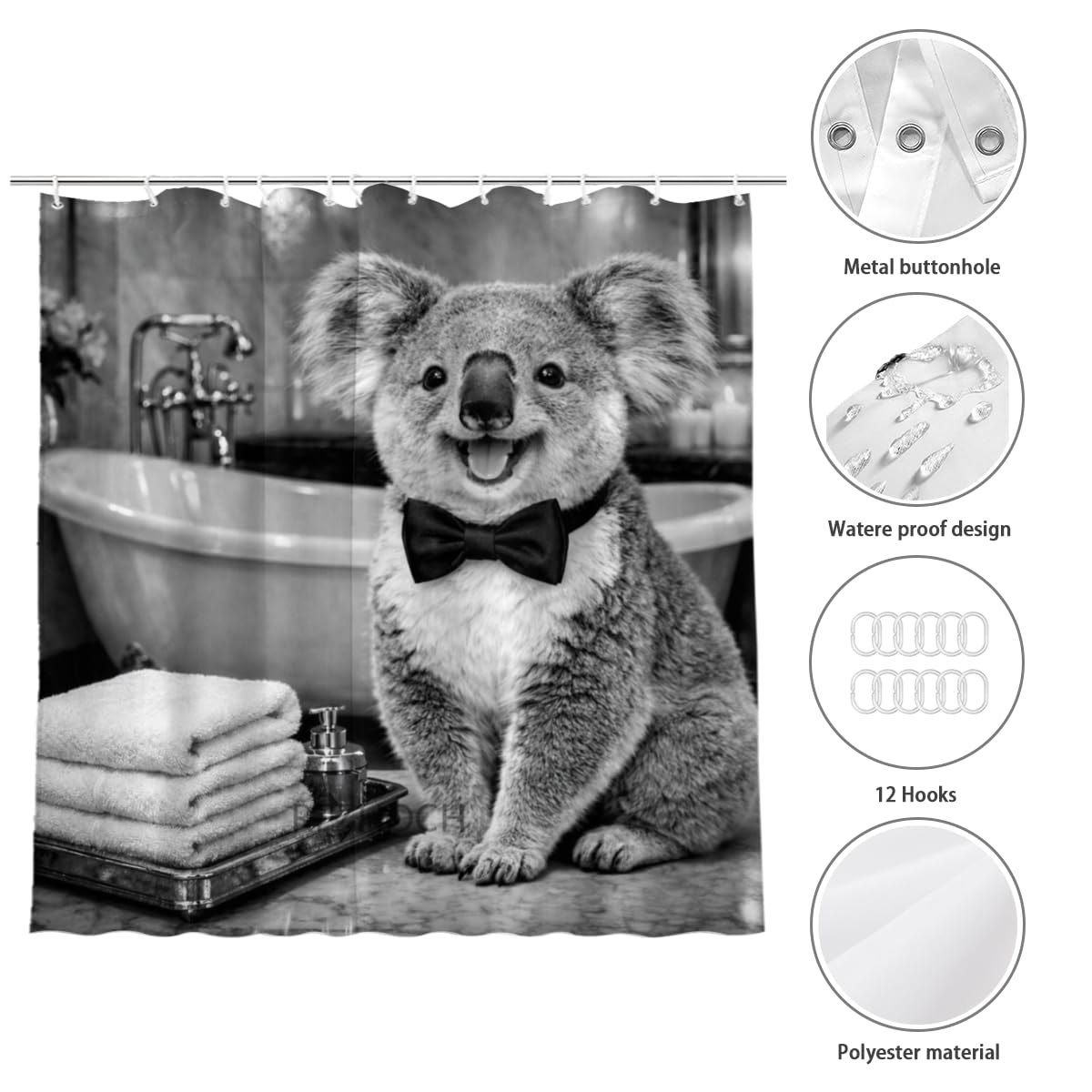 REZHOCH Black and White Shower Curtain 72x72Inch,Fun Koala with Bow Tie Home Bathroom Decor,Animal Luxury Hotel Holiday Waterproof Fabric Modern Bathtub Bath Set with Hooks