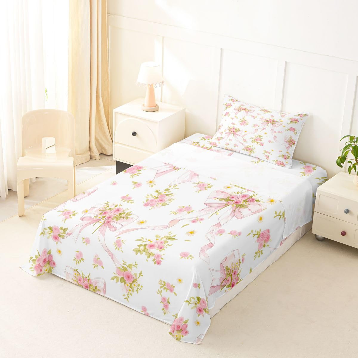 Erosebridal Boho Flowers Leaves Sheet Set Farmhouse Leaf Flower Rustic Twin Sheets Set for Preteen Boys Girls,Cartoon Kawaii Watercolor Bow Bohemian Floral Bow Tie Fitted Sheet