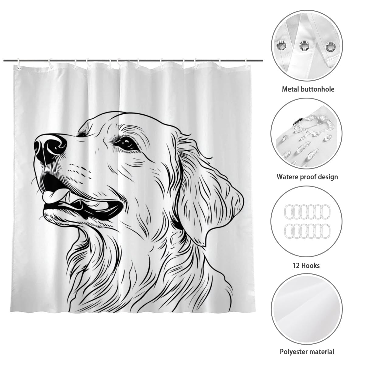KEEPAEON Golden Retriever Shower Curtains Stick Figure Shower Curtain Set Waterproof Shower Curtains for Bathroom, with 12 Hooks, 72 x 72 Inch