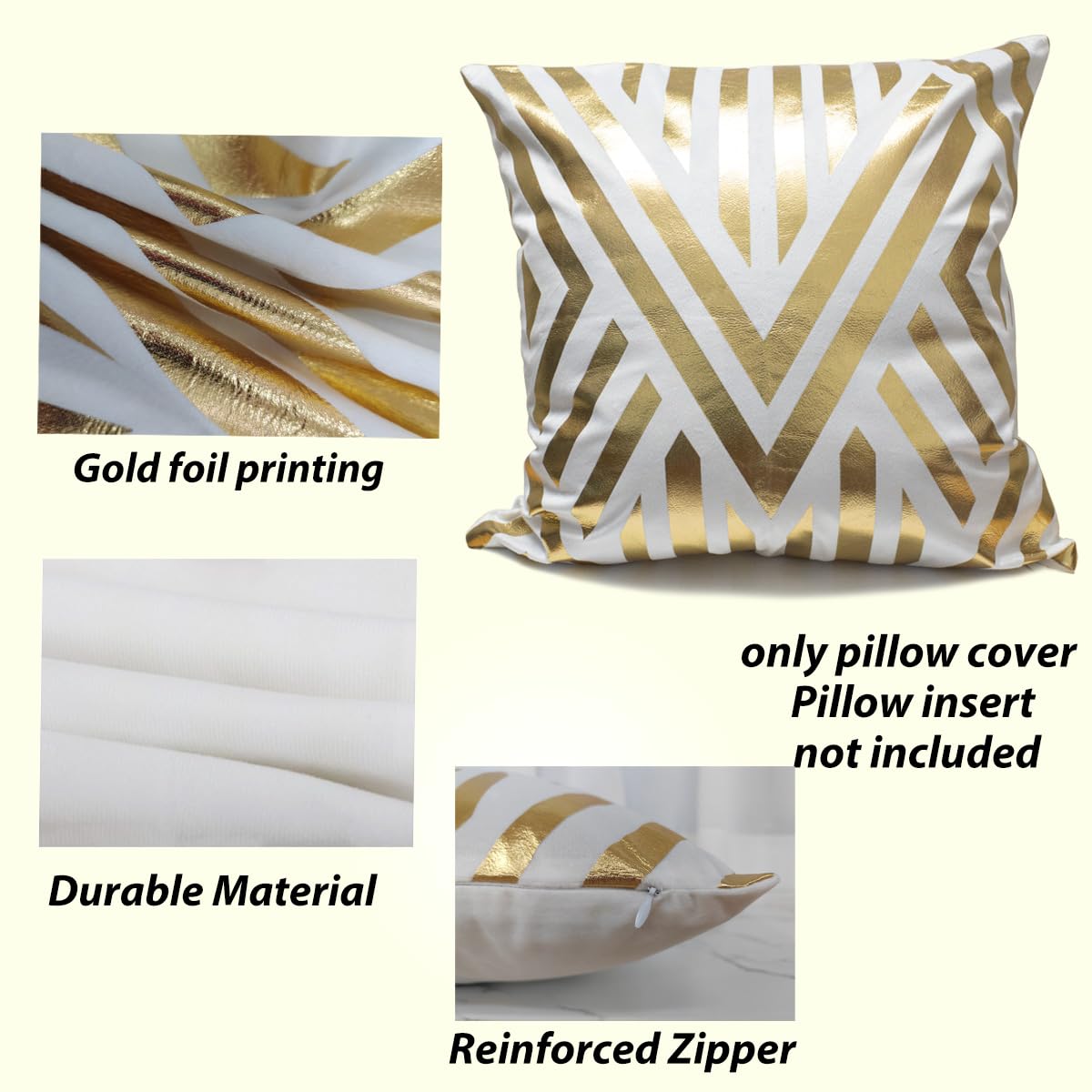 4Pcs Home Decorative Pillow Covers, Gold Foil Throw Pillow Geometric Square Cushion Covers Decor 18x18 inch Living Room Home Room Decor for Car Bed Couch (Black White and Gold)