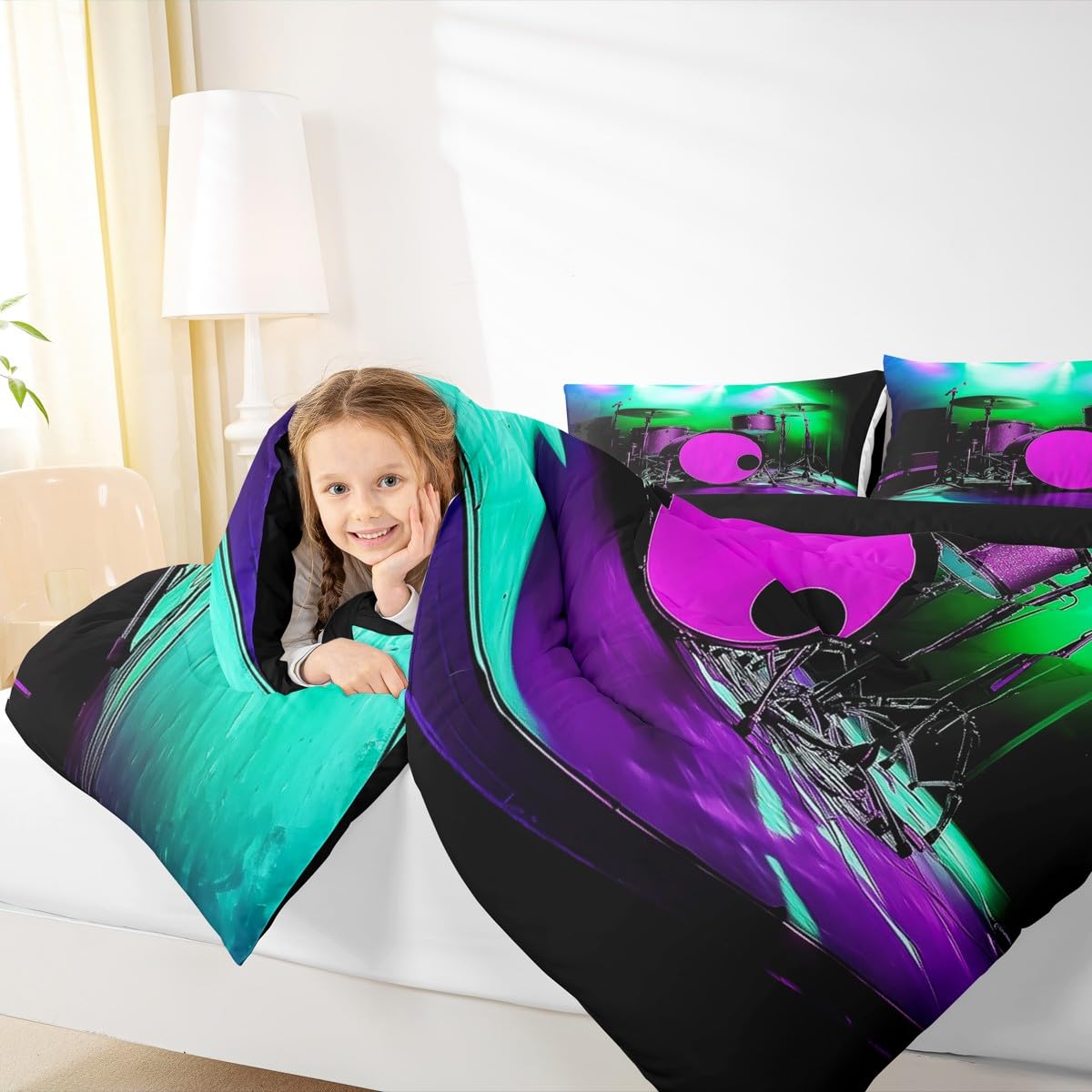 Erosebridal Drum Kit Comforter Set Queen Music Themed Bedding Set Rock Musical Instruments Comforter for Kids Boys Girls,Colorful Glitter Quilt Duvet