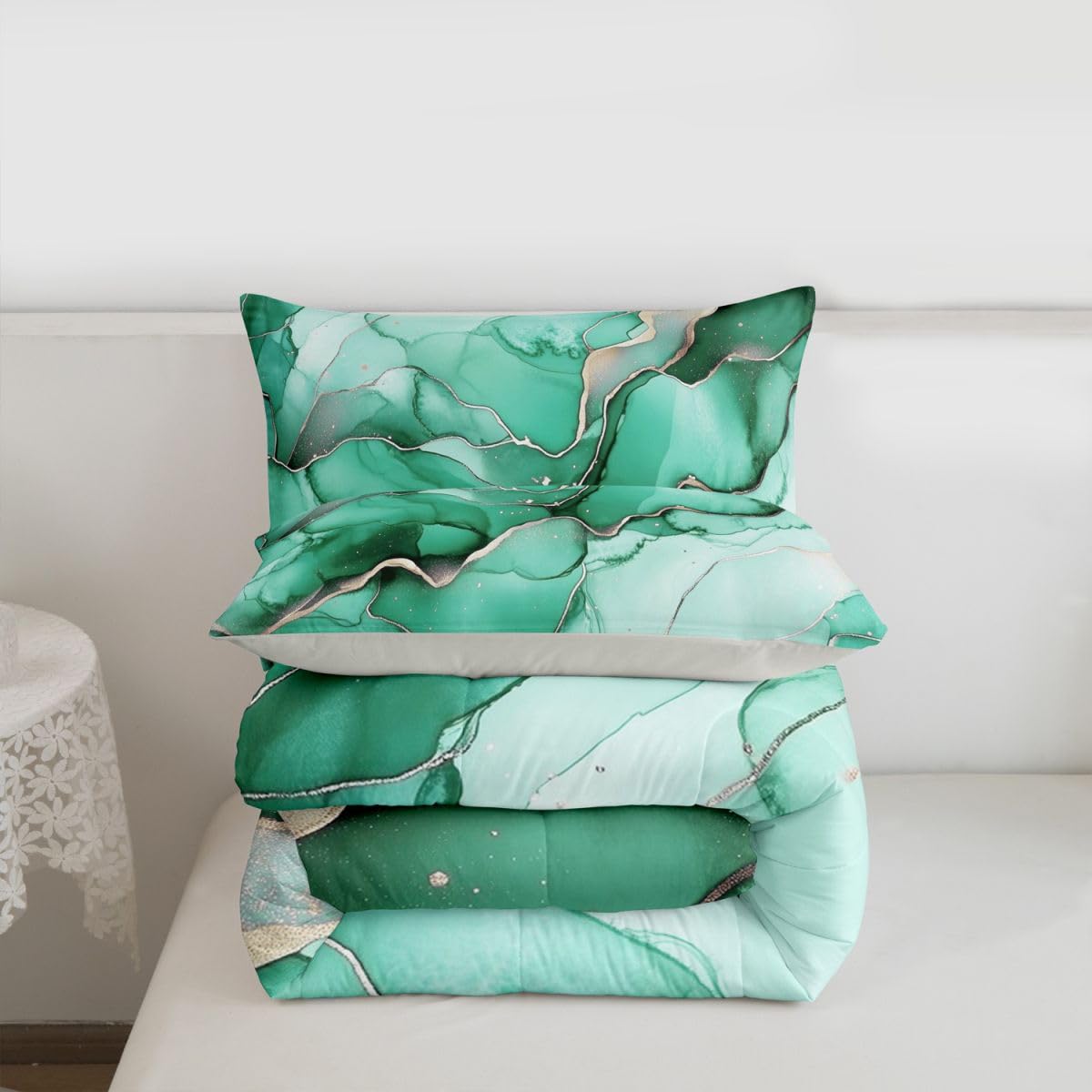 Erosebridal Green Marbling Comforter Set King Marble Print Bedding Set Gold Ink Fluid Art Comforter for Kids Boys Girls,Ombre Marble Textured Quilt Duvet