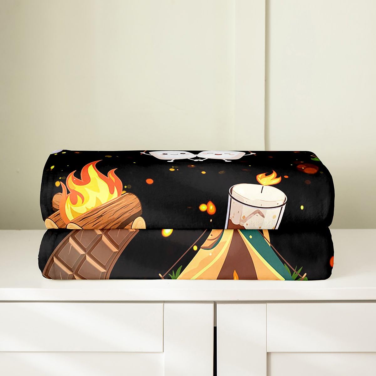 Feelyou Cute Marshmallow Plush Throw Blanket, 40"x50" Kids Cute S'Mores Cookie Flannel Fleece Blanket for Boys Teens Happy Camping All Season,Bed Blanket Outdoor Adventure Room Decor