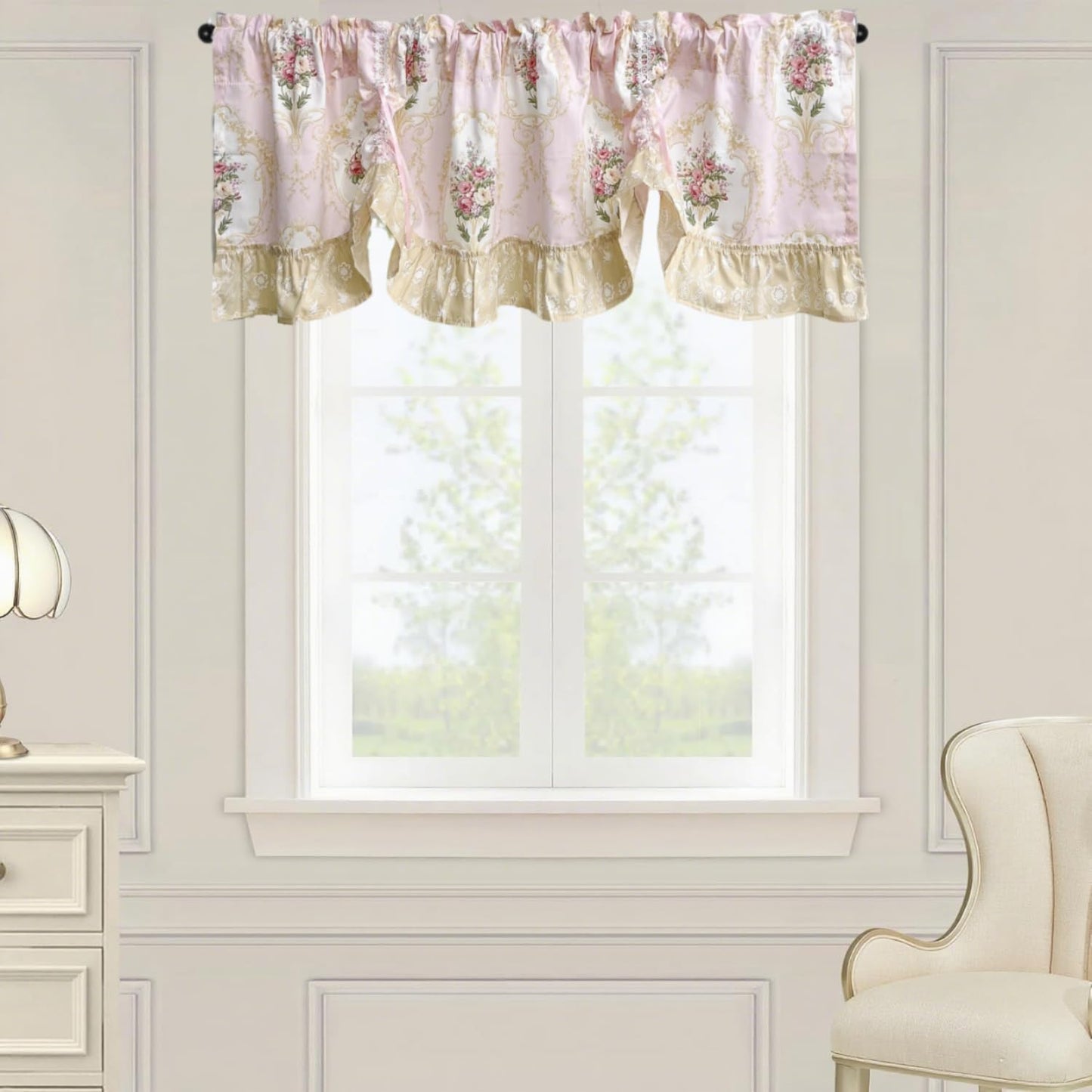 European Floral Tie Up Curtains for Kitchen Adjustable Balloon Shade Window Valance Elegant Cafe Bathroom Dining Room Window Drapes Rod Pocket 1 Panel (W59 X L16 INCH,Pink)