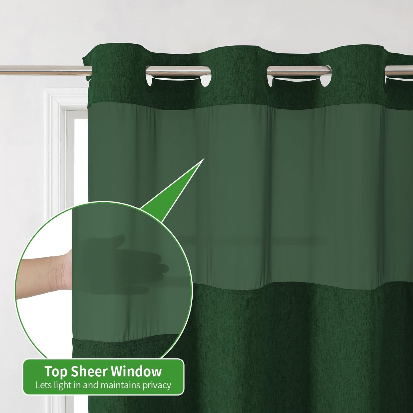 eachope No Hooks Needed Linen Textured Shower Curtain with Snap-in Fabric Liner Set,Hotel Luxury Decor Shower Curtains for Bathroom with Mesh Top Window,Waterproof & Washable,71Wx74H,Emerald Green