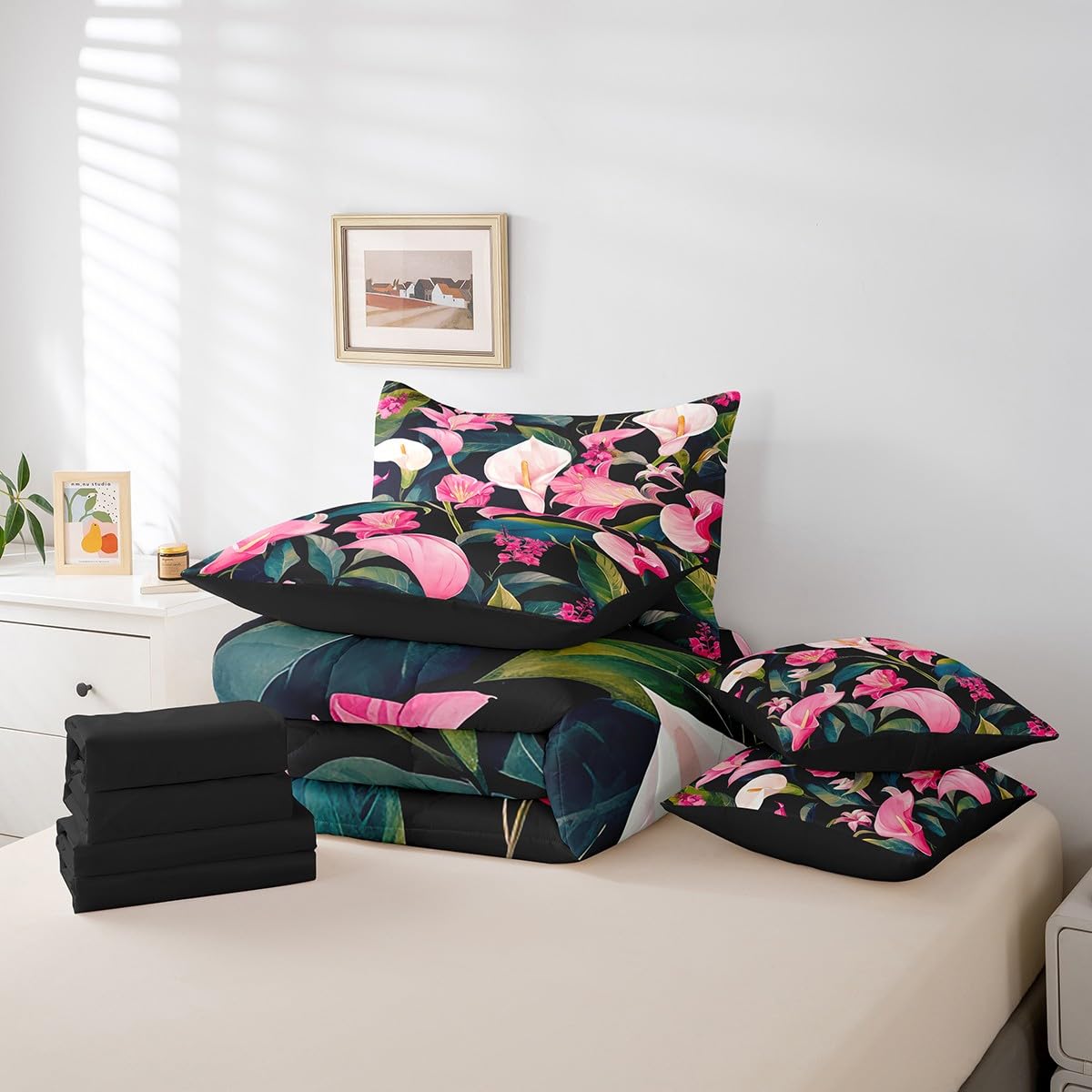 Feelyou Flower Comforter Set King Size 7 Pieces Palm Leaf Bedding Set for All Season Floral Blossom Tropical Botanical Nature Theme Bed in a Bag with Comforter, Sheets, Pillowcases & Cushion Cover