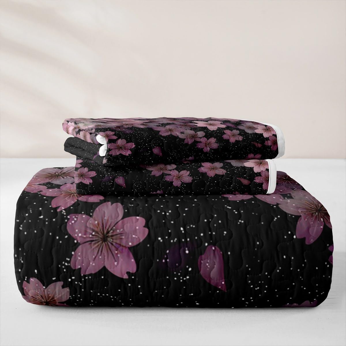 Erosebridal Cherry Blossom Quilt Set Full Pink Flower Quilt Petal Floral Bedding Coverlet Starry Sky Girly Bedspread with 2 Pillowcases