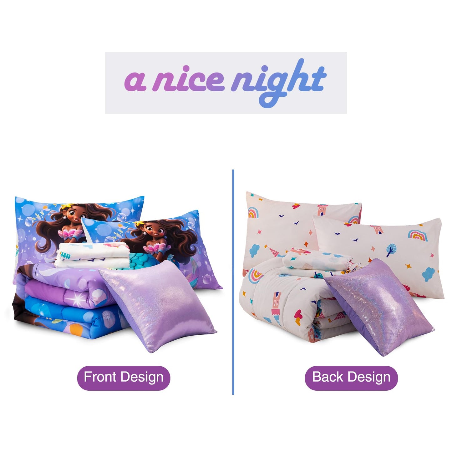 A Nice Night Mermaid Wearing Starfish Hair Accessory Queen Comforter Set for Girls, Ocean Theme Twin 6-Piece Bed in a Bag with Sheet Set & Pillowcases