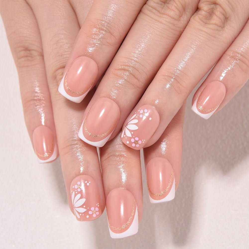 3D French Press on Nails Short Square with Flower Design, Nude Nail + White Tip Glossy Stick on Nails for Women with Kit, Reusable Soft Gel Stick on Fake Nail with Gold Line Designs Perfectly Fit