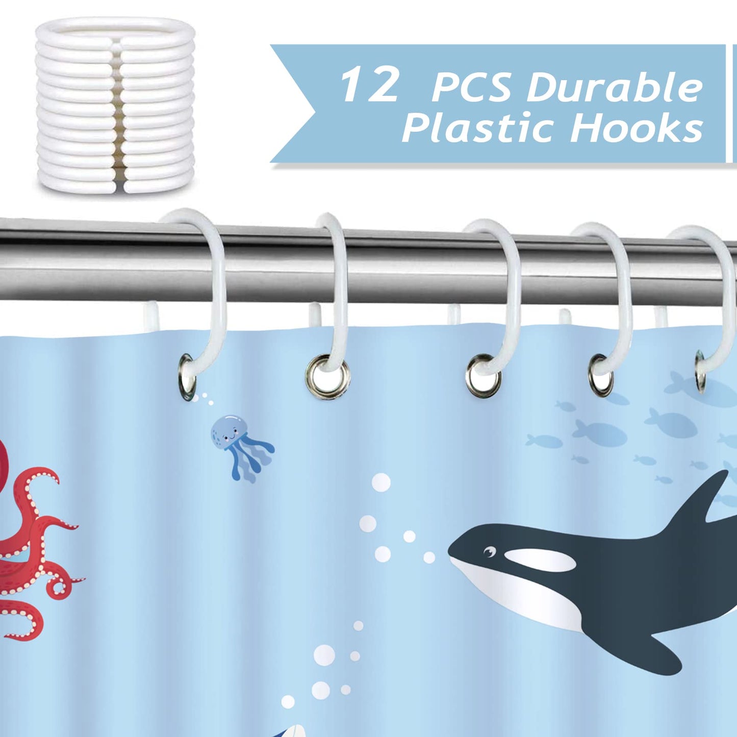 Bonhause Ocean Shower Curtain for Kids Under The Sea Dolphin Fish Blue Decorative Bath Curtain 72 x 72 Inch Polyester Fabric Waterproof Bathroom Curtain with 12 Hooks