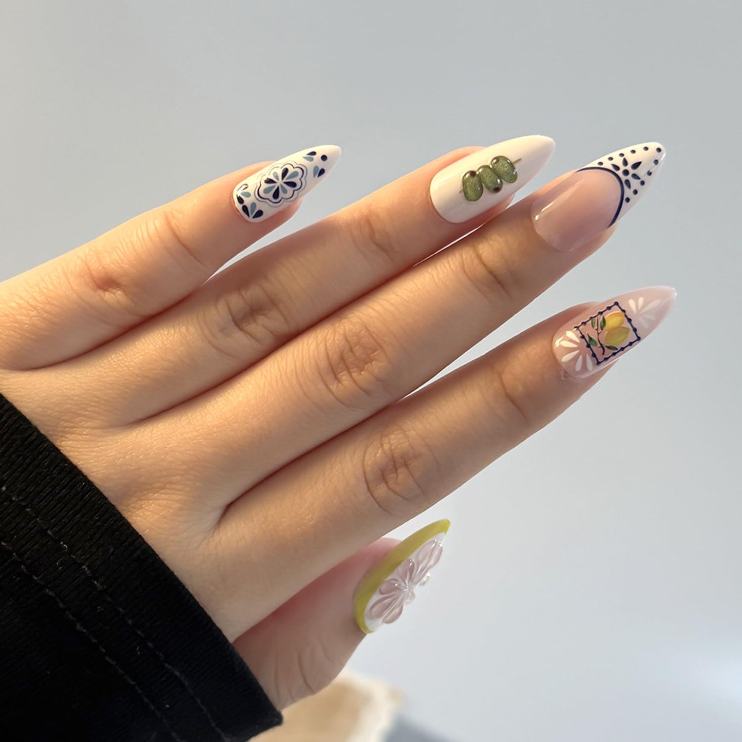 24Pcs Cute Lemon Press on Nails Medium Fake Nails French Almond Manicure, Artificial Acrylic Nails French Tips Stick on Nails Light Nude Fake Fingernail Summer False Nails for Women Nail Decoration