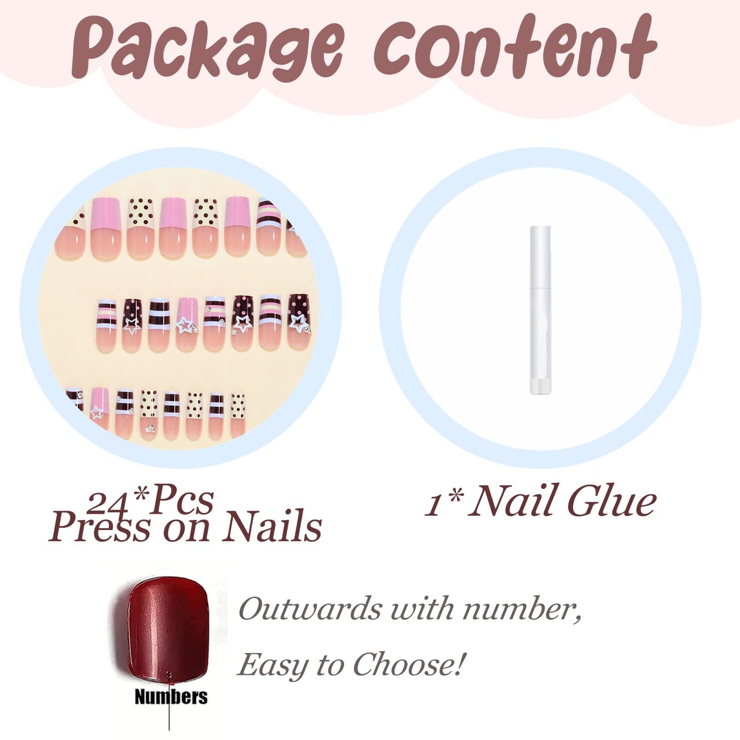 BABALAL Press On Nails, Long Square Fake Nails, Pink Brown with 3D Star Rhinestone & Polka Dot Stripe Design, Y2K Retro Cute Glue On Nails for Women and Girls 24Pcs