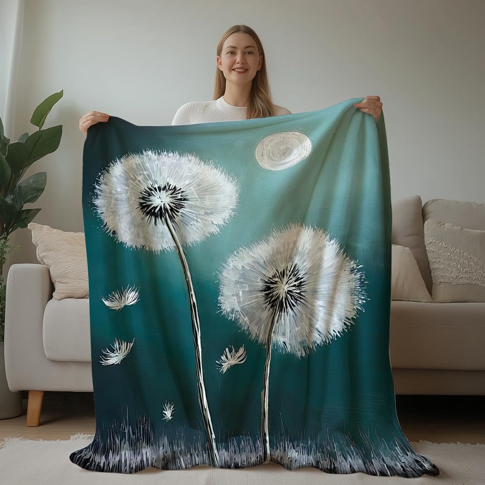 HUNXIAOJ Dandelion Throw Blanket Floral Print Blanket Dandelion Bedding Flower Throw Warm Soft Flannel for Girls Boys Woman Adults Bed Sofa Couch (60 in x 80 in)
