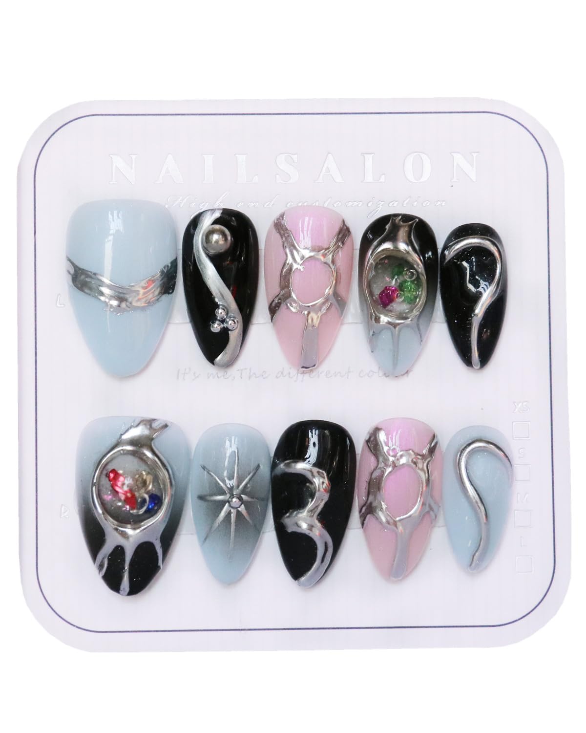 CAMILCY Handmade Nails Press on Long Gradient Blue Black Silver Halloween Star Design Hand painted Reusable Gel UV Finished Pre shaped Artificial False Nails for Women 10pcs 3D Nails (A077, M)