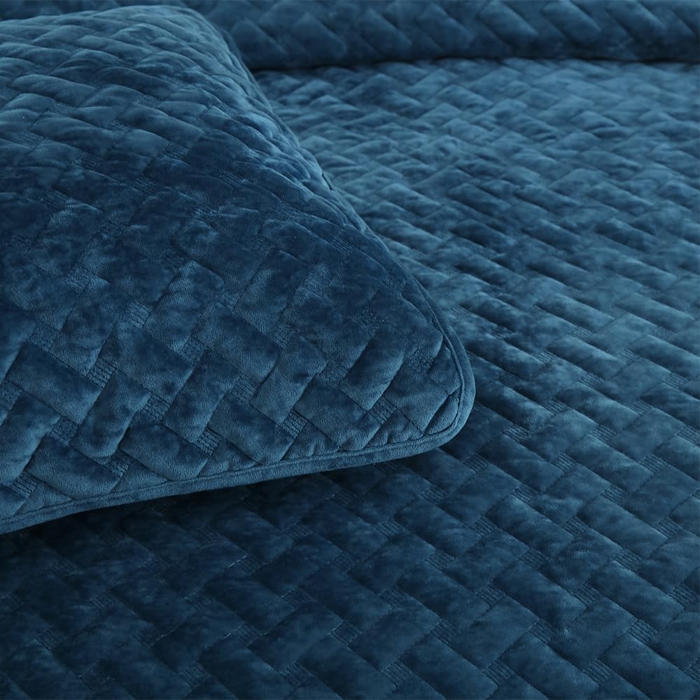 Liians Velvet Bedspread Quilt Bedding Sets,Luxury Elegant Ultra Soft Velvet Comforters Coverlet Blankets,Weave Stitching Pattern Cotton Quilted Bedspread for All Seasons,Azure Blue,Queen Size