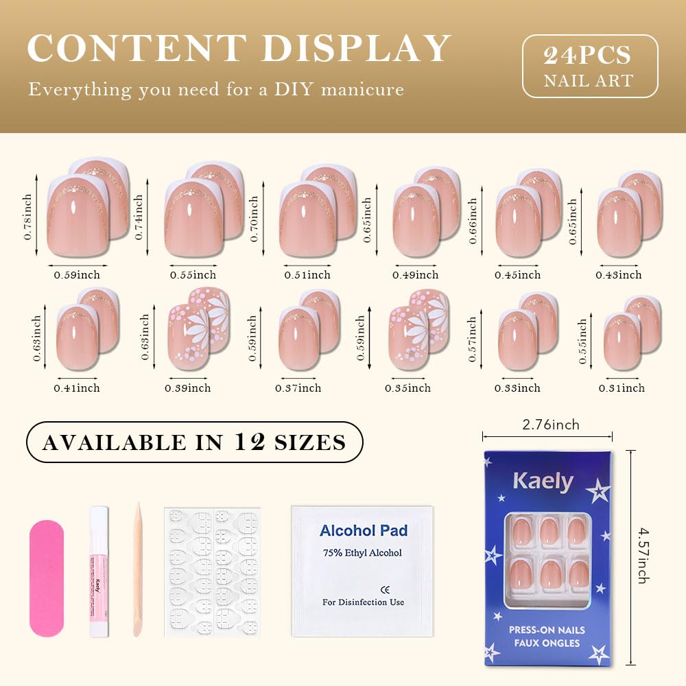3D French Press on Nails Short Square with Flower Design, Nude Nail + White Tip Glossy Stick on Nails for Women with Kit, Reusable Soft Gel Stick on Fake Nail with Gold Line Designs Perfectly Fit