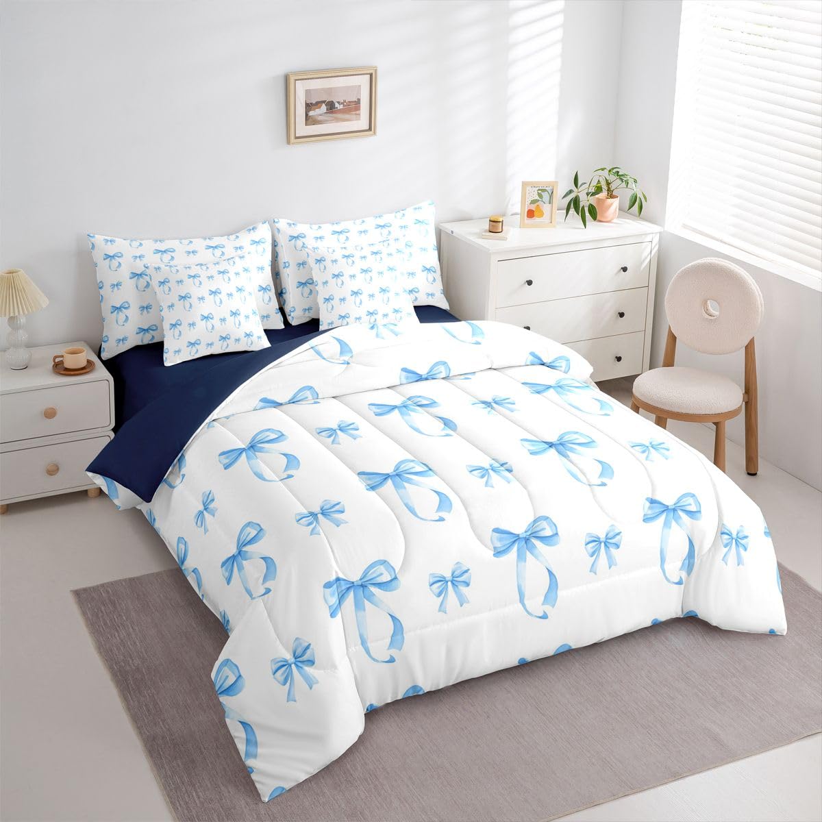 Erosebridal Cute Ribbon Bowknot Full Size Comforter Set,Bows 7-Piece Bed in A Bag,Blue Princess Sheets and Pillowcases,Modern Simple Bow Knot Bedding Set Room Decor