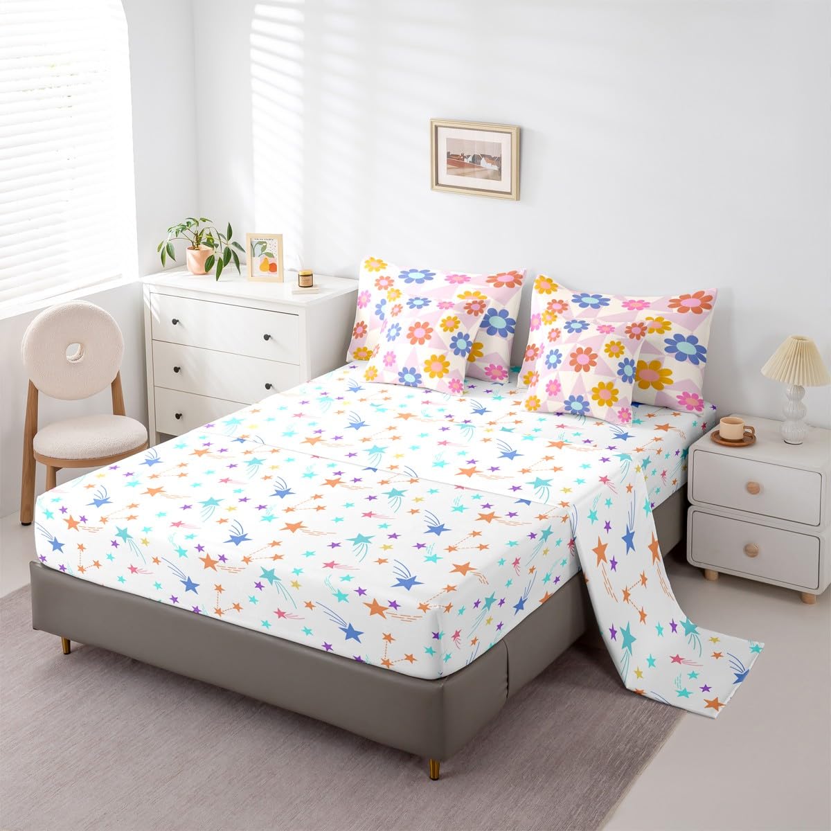 Erosebridal Daisy 7 Pcs Bedding Set for Teen Girls Cute Flower Comforter Set with Sheets Twin Size for Kids Young Women Children Cartoon Floral Bed in A Bag Abstract Aesthetic Geometric Bed Sets