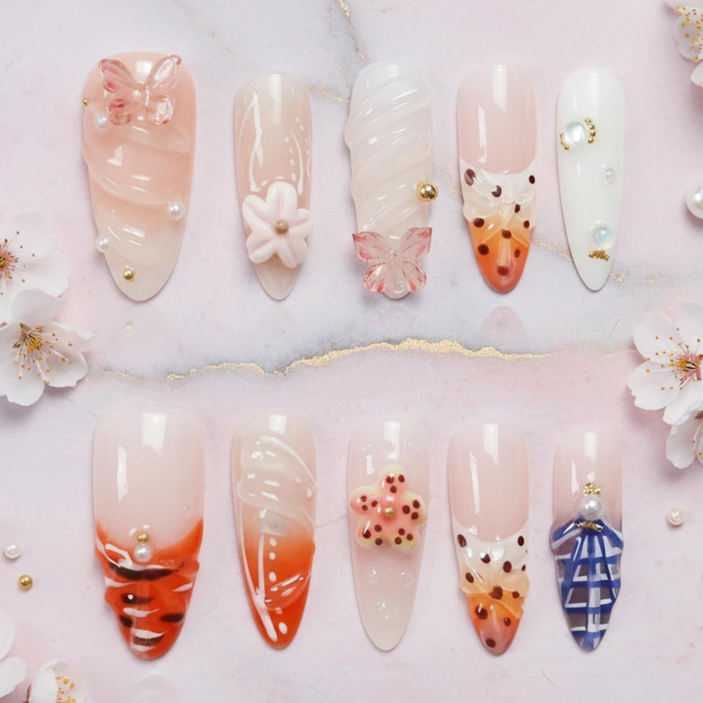 Tesytto Tropical Flower Press On Nails Long Almond, 3D Floral French Tip with Butterfly Design, Glossy Summer Fake Nails, Reusable Full Cover Acrylic Nails for Women (Tropical Flair,M)