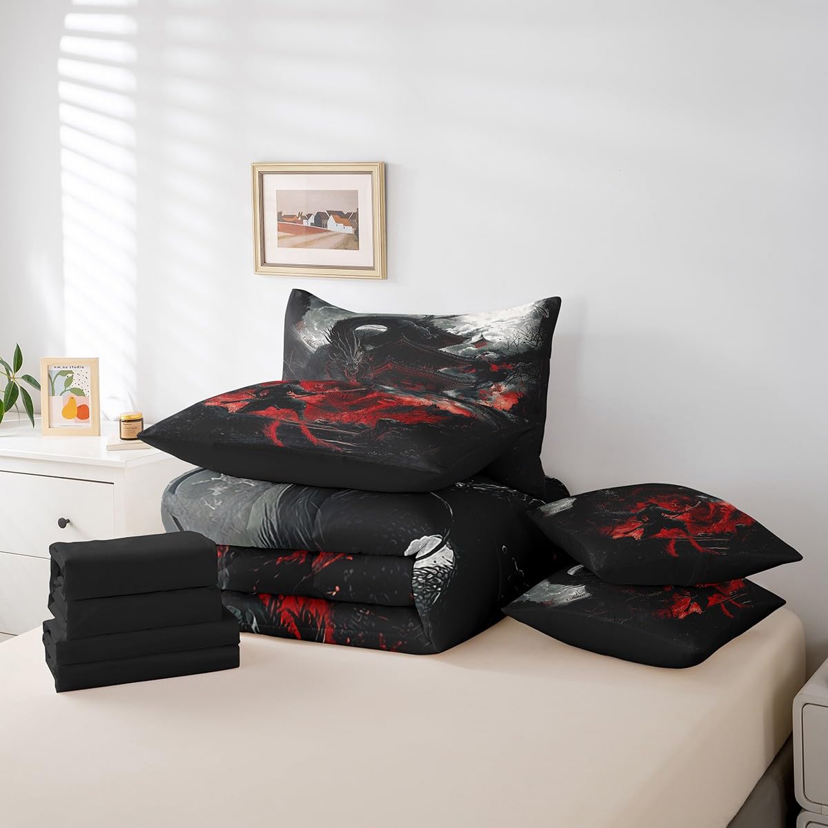 Feelyou Dragon Comforter Set with Sheets Twin Size Japanese Style Bed in a Bag for Boys Girls Teens Samurai 7 Pieces Bedding Set Dragon Decor Bed Set Room Decor Black Red
