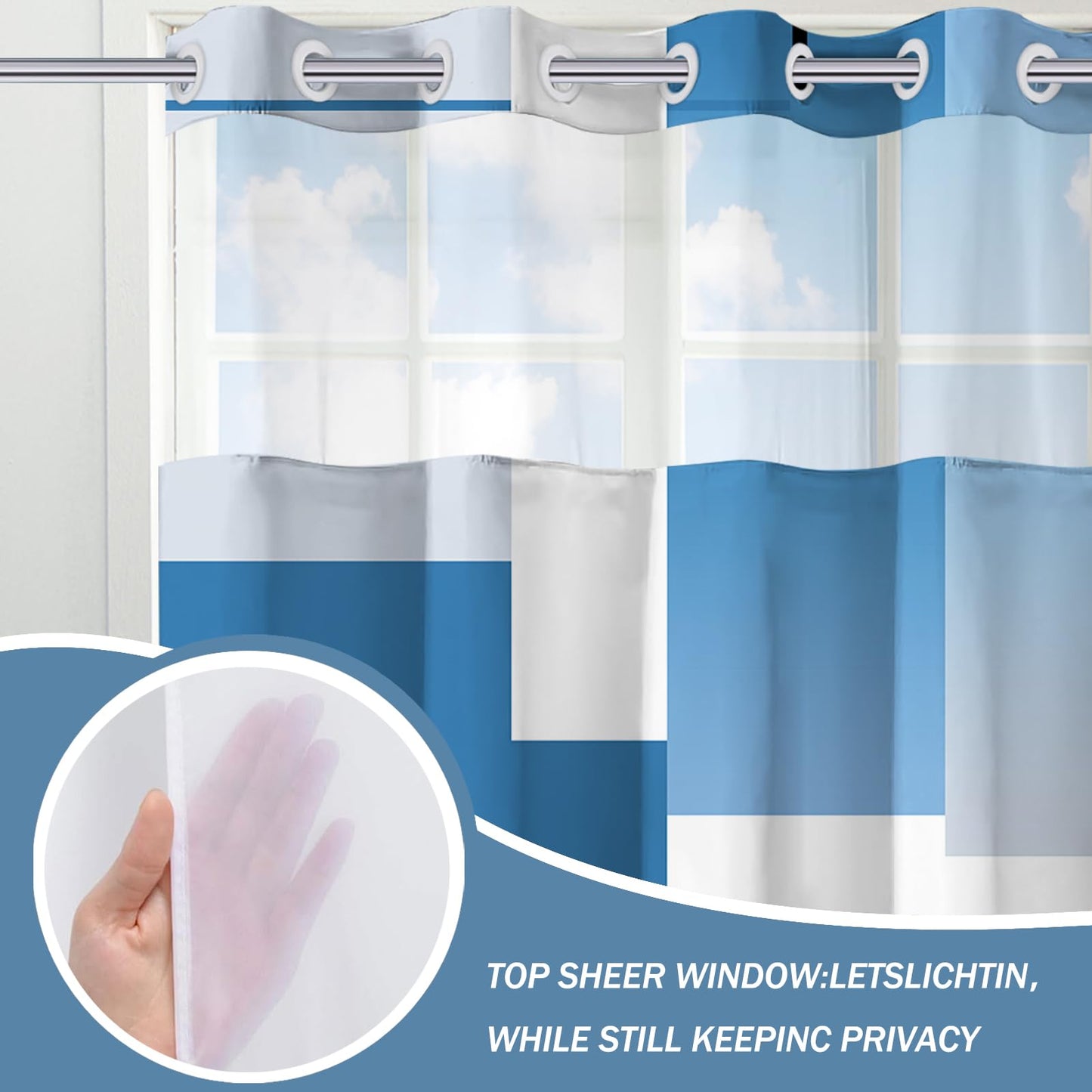 Blue Hookless Shower Curtain Set with Snap in Liner, Blue White Bathroom Decor, 71x74 Inches, Geometric Bathroom Curtain with Liner and See Through Top Window