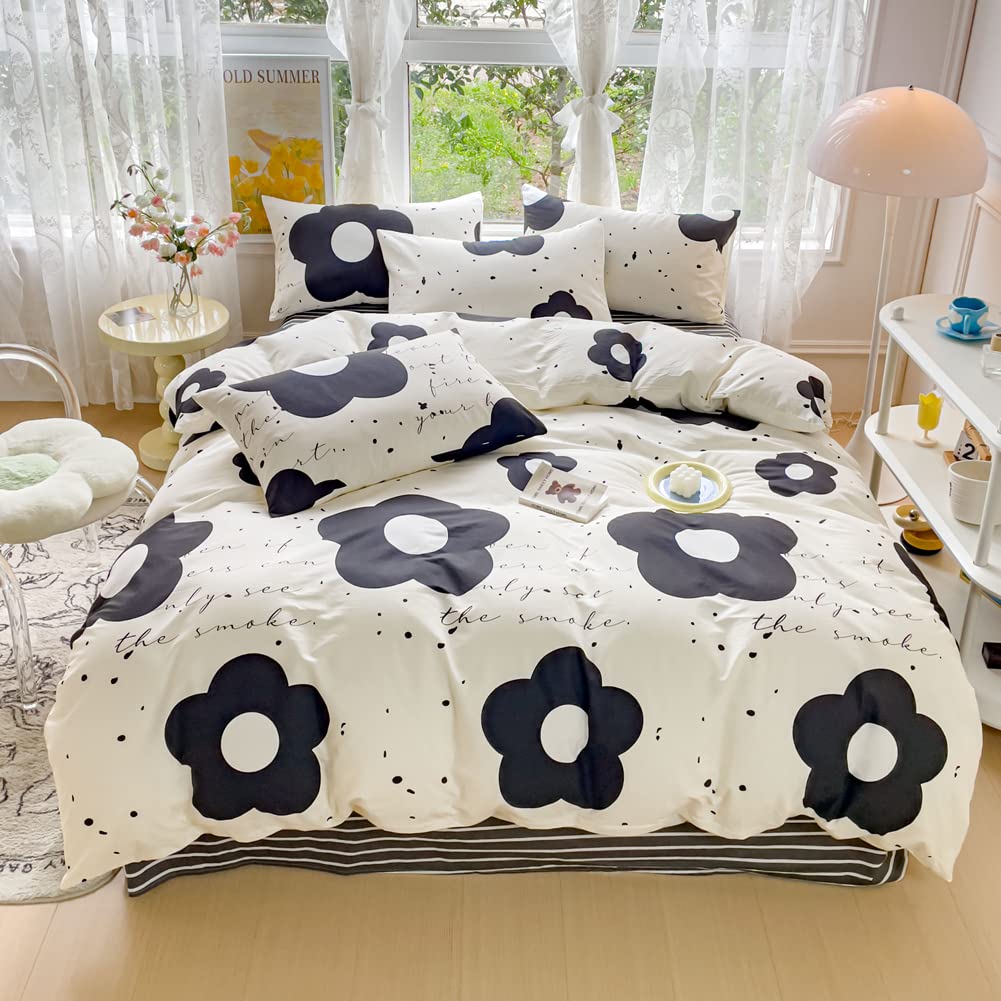 LIWHENHAO Floral Duvet Cover Set Queen 100% Cotton Bedding Cartoon Black and White Flower Print 1 Kawaii Botanical Comforter Cover Full Zipper Closure 2 Pillowcases for Kids Girls Boys Woman