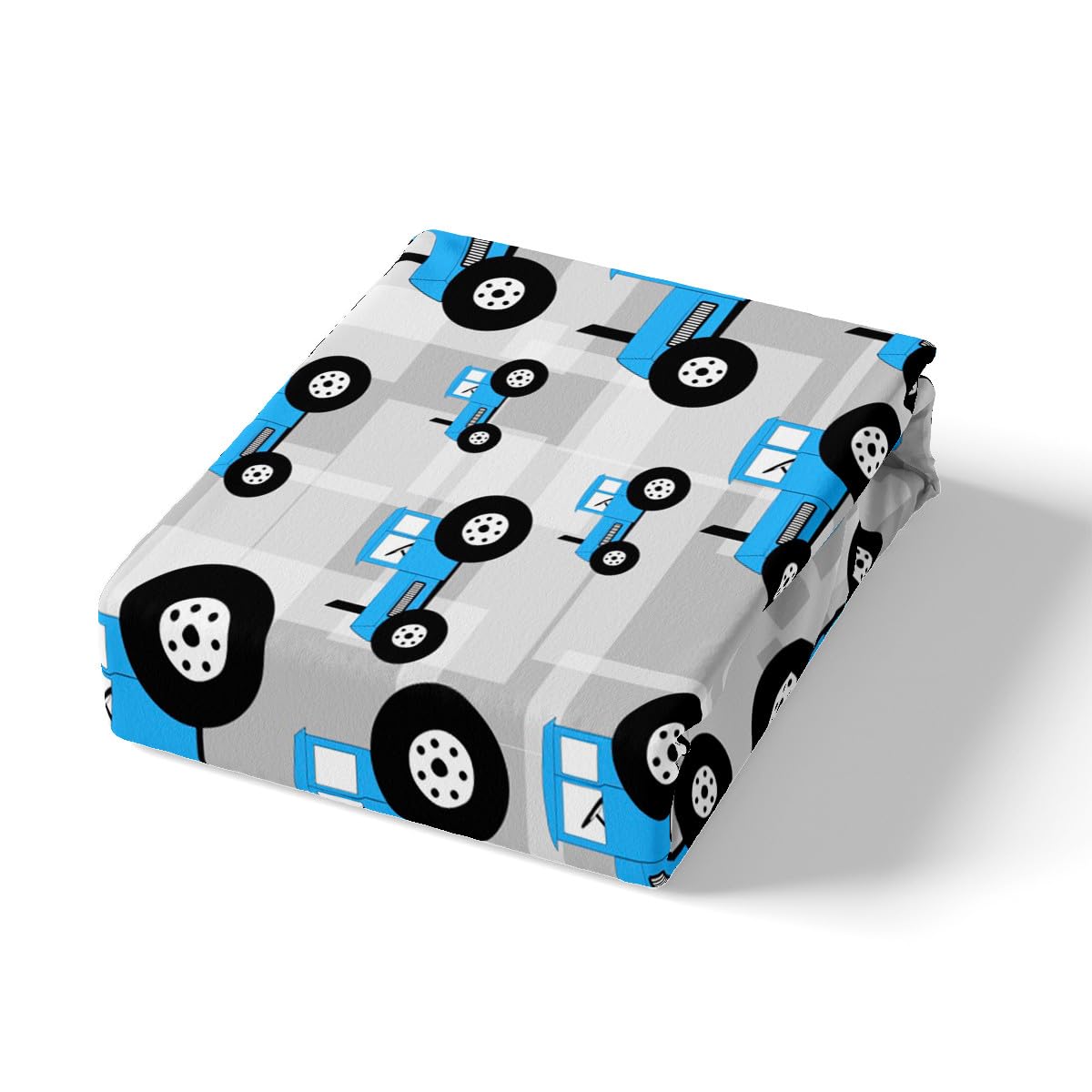 Blue Tractor Bedding Set - Cartoon Car Fitted Sheet for Boys & Girls - Farm Equipment Trucks - Full Size Bed Set (3Pcs)