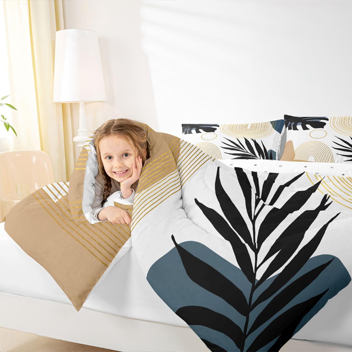 Erosebridal Abstract Tropical Twin Bedding Set, Chic Boho Plant Palm Leaf Comforter Set for Adults, Bohemian Mid Century Simple Minimalist Comforter, Modern Geometric Lines Aesthetic Quilt