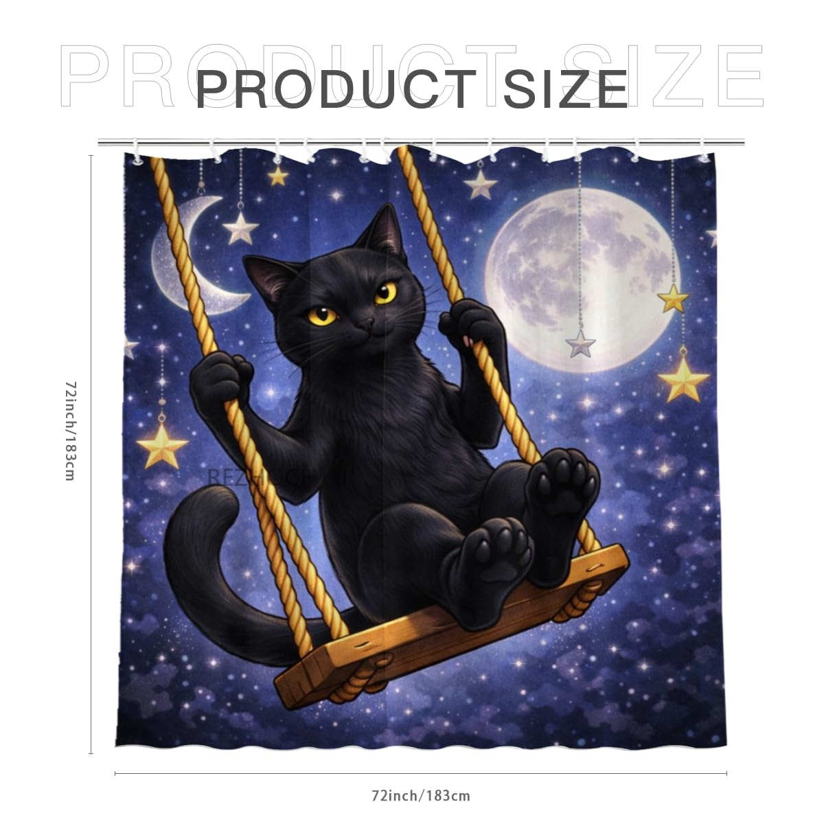 REZHOCH Funny Black Cat Shower Curtain 72x72 Inch,Cute Animal on Swing,Nature Scenery Floral Home Bathroom Decor,Waterproof Fabric Country Farmhouse Flowers Bath Set with Hooks