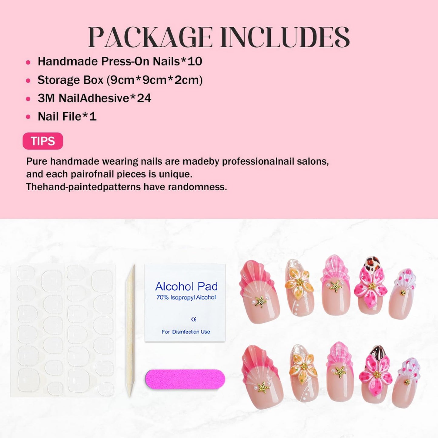 Handmade Press on Nails French Tip Acrylic Nails Medium Almond Fake Nails with 3D Flower & Starfish Designs Thickened Salon Quality Stick on Nails Muti-Layer Gel Acrylic Nails for Women（Size M)