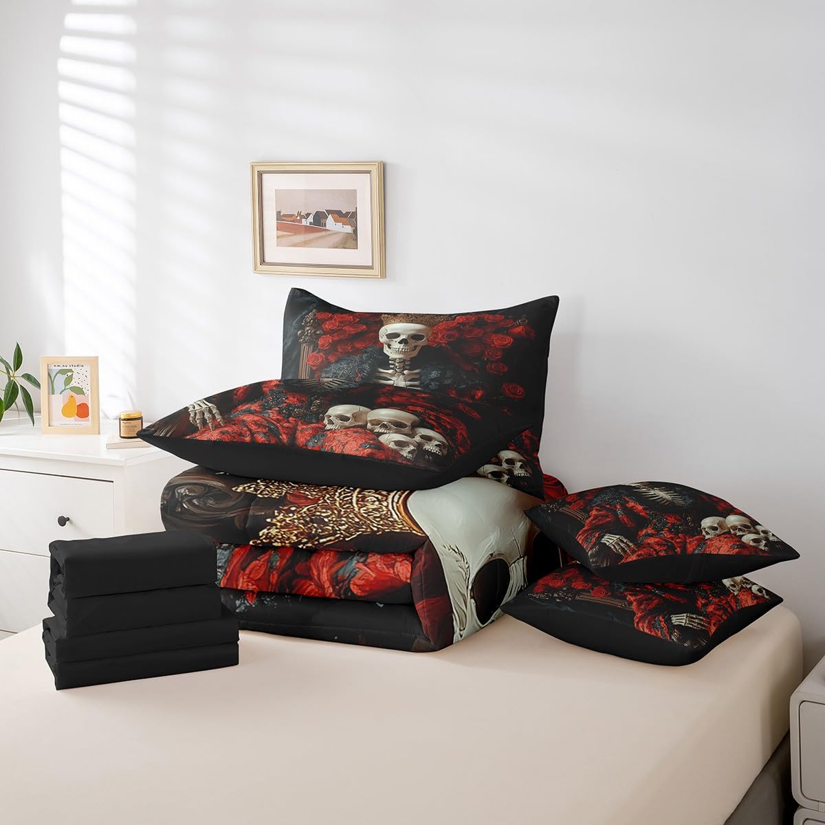 Erosebridal Skull King Bed in A Bag Red Valentine's Day Roses Flowers Comforter Set Full Size for Adults Men Women,Goth Skeleton 7 Piece Bedding Set Romantic Floral Skull Bed Set