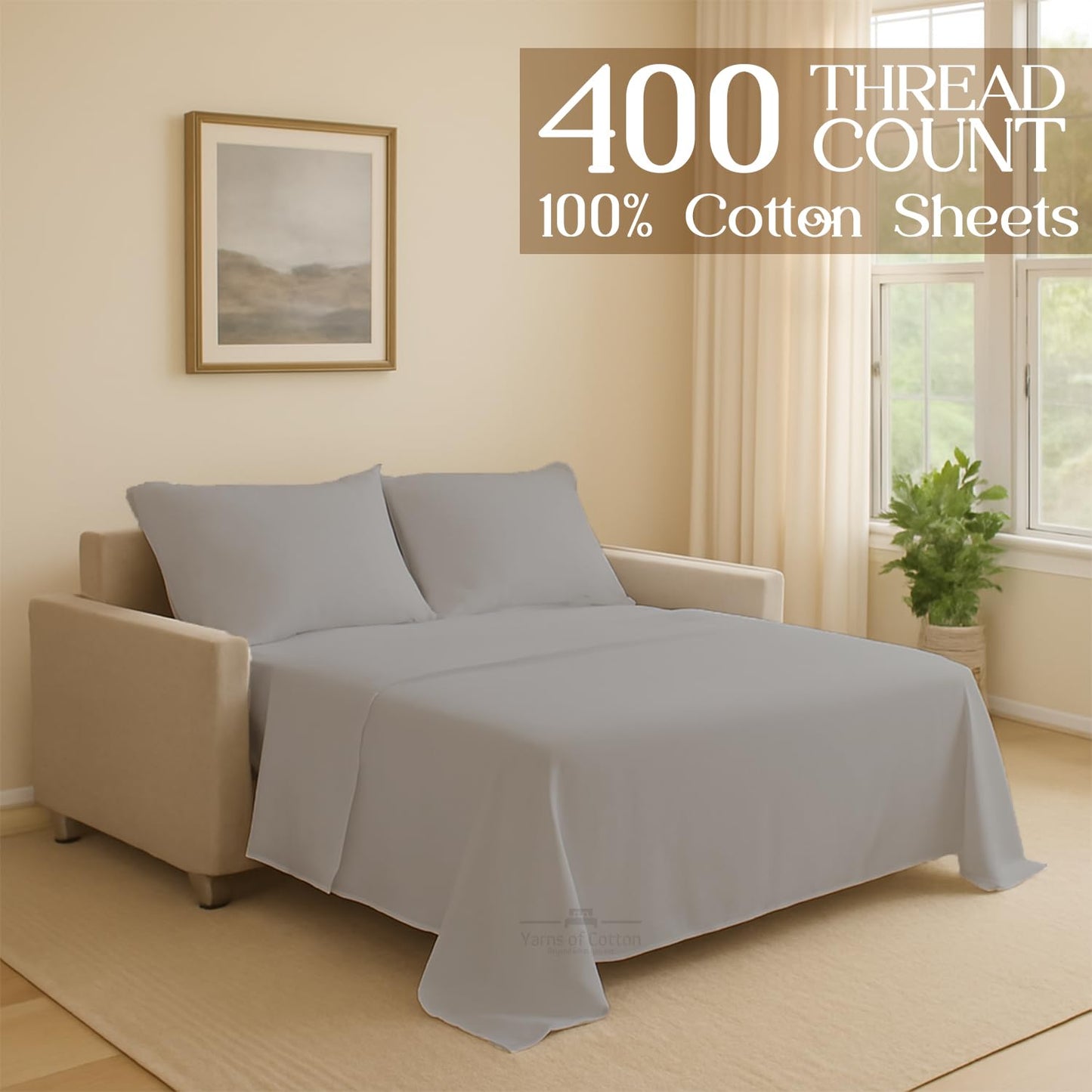 Sleeper Sofa Bed Sheet, 100% Cotton 400 Thread Count, 4 Piece Set, Deep Pocket Fitted Sheet, Soft Wrinkle Free & Breathable, Luxury Hotel Quality, Fits Up to 6 Inch Mattress (Full, Silver Grey)