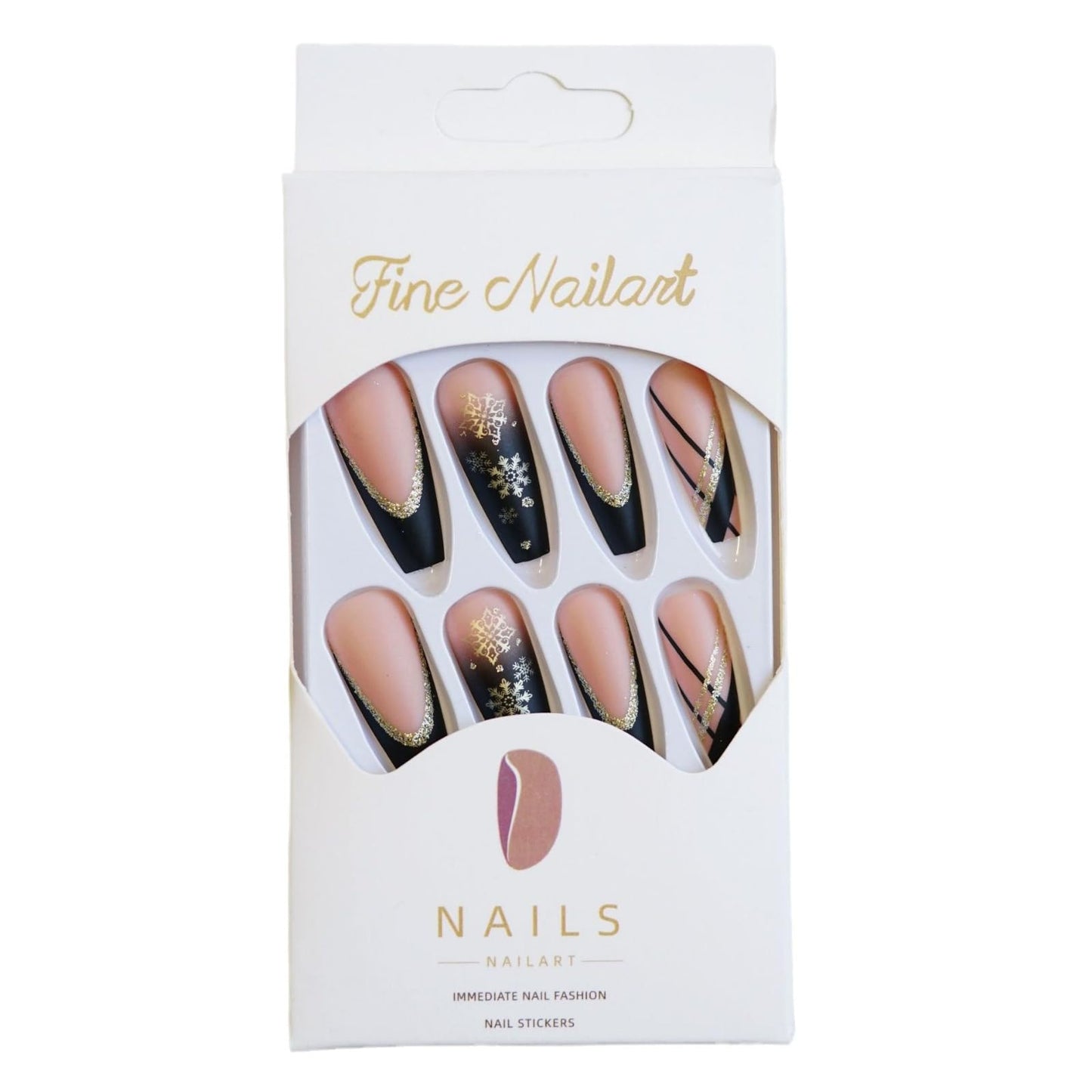 MISUD Press on Nails - Long Coffin Fake Nails with Black Gold, Acrylic Snowflake Glitter Design 24 pcs