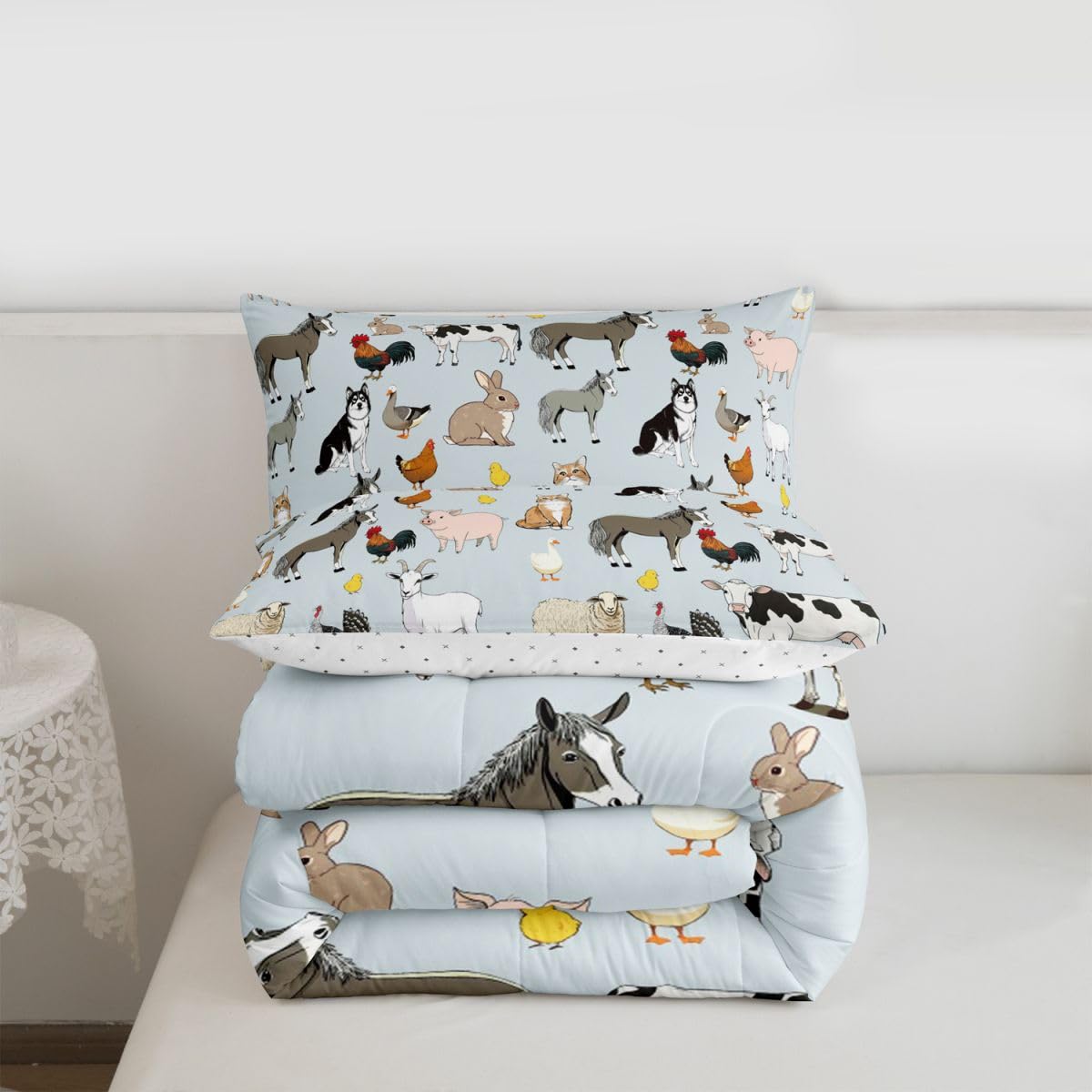 Feelyou Light Blue Farm Animal Comforter Set Toddler Size Cute Animal Bedding Set for Kids Boys Girls Farm Theme Duvet Quilt Cartoon Bedroom Decor 2 Pcs with 1 Pillow Cases