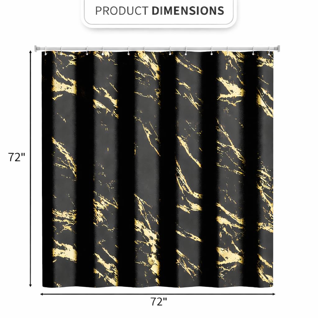 Yiwshcut Black and Gold Shower Curtain, Black Marble Shower Curtain, Modern Fabric Shower Curtains for Bathroom, Black and Gold Texture Shower Curtain Set with Hooks 72x72