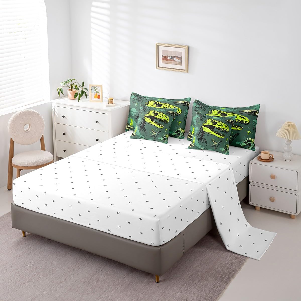 Erosebridal Dinosaur Comforter Set 7 Piece Bed in a Bag Twin,Goth Dino Bone Bedding Sets Gothic Sugar Skull Sheet Set with Comforter,Jungle Wild Animals Skeleton Bed Set