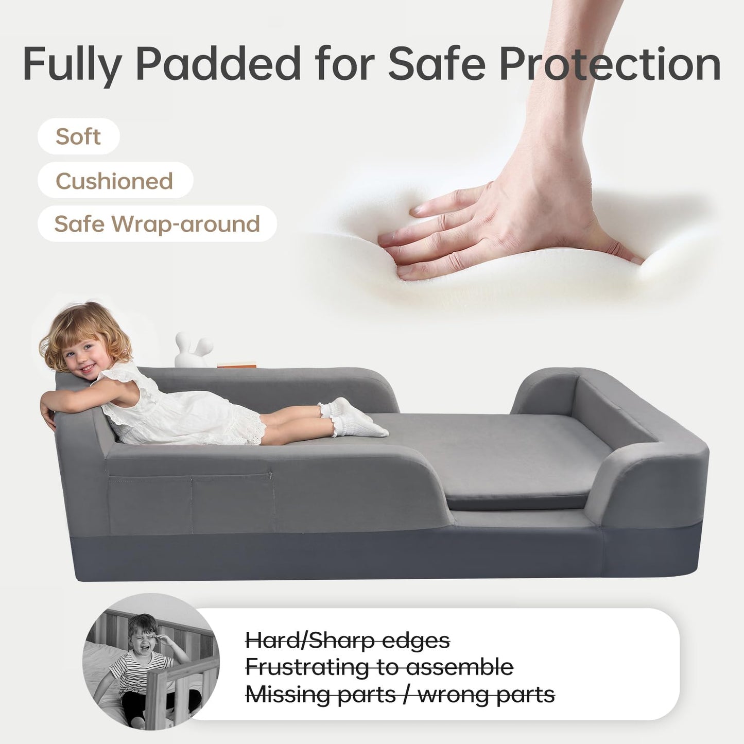 ENITYA Toddler Floor Bed, No Assembly Needed, Mattress Included, Boneless Kids Foam Bed with Built-in Guardrails, Ideal for Boys and Girls Aged 3-6 Years,Grey