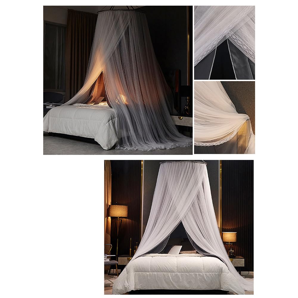 Vilemoon Bed Canopy for Girls & Adults, Round Dome Lace Princess Canopies Netting, Elegant Double Layer Bed Canopy Drapes for Decoration, Playing,Reading,Sleepping (Gray)