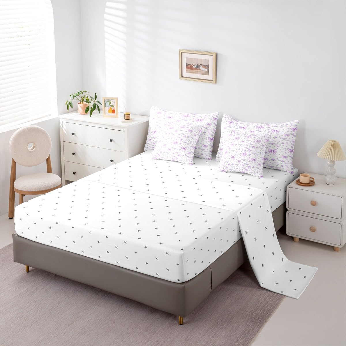 Erosebridal 7 Piece Purple Bow Bedding Set for Toddler Kids Teen Girl Girly Rose Floral Bow Twin Comforter Set with Sheets Preppy Bed in A Bag Aesthetic Coquette Bedding Comforter Sets with Flower
