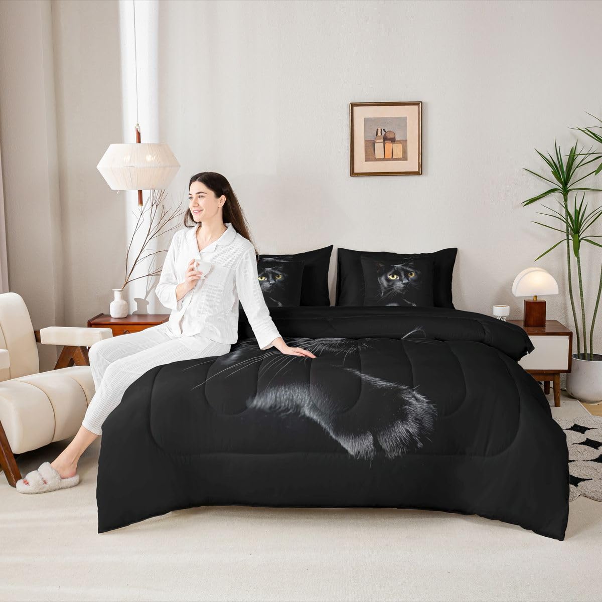 Erosebridal Black Cat 7-Piece Bedding Set Full Size 3D Cat Bed in a Bag for Kids Girls Boys Cats Lover Cute Farmhouse Domestic Pet Animal Comforter Set with Sheets Cute Cats Duvet Insert