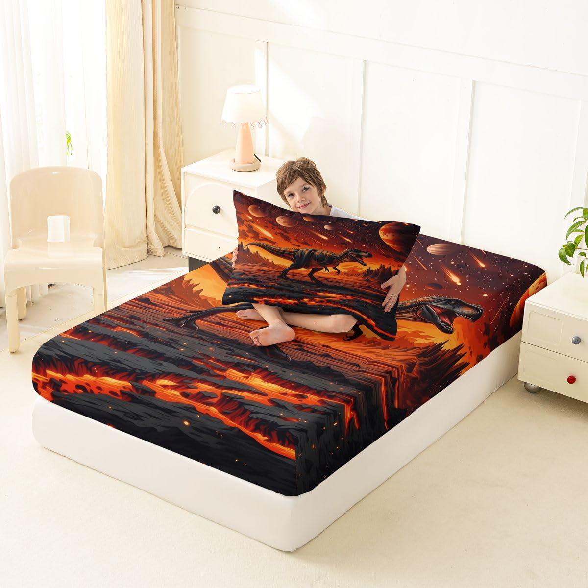 Feelyou Dinosaur Bed Sheets Sets Twin Size Kids Boys Girls 3D Digital Print Bedding Set Jungle Dino Bed Sheet Set with 16-Inch Deep Pockets Wild Animal 3Pcs with 1 Pillow Cases Red Black